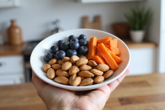 Eine Person hält eine Handvoll gesunder Snacks, darunter Nüsse, Beeren und Gemüsesticks, als Beispiel für eine ausgewogene Ernährung.